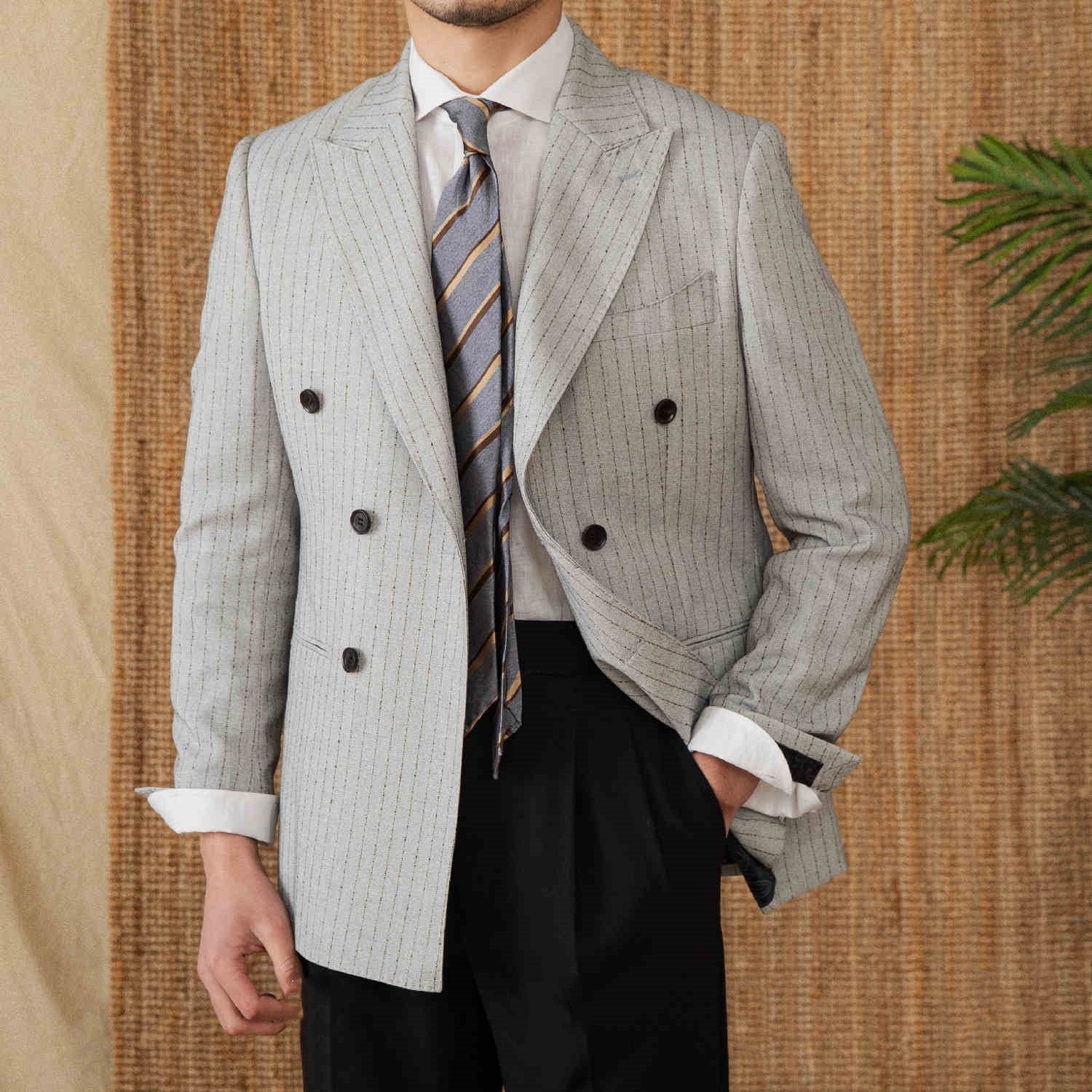 Lightweight Striped Double Breasted Suit Business Casual Suit Coat - Gray / M