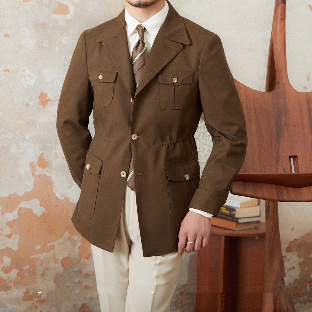 Linen Blend Italian Retro Casual Jacket - Coffee / M