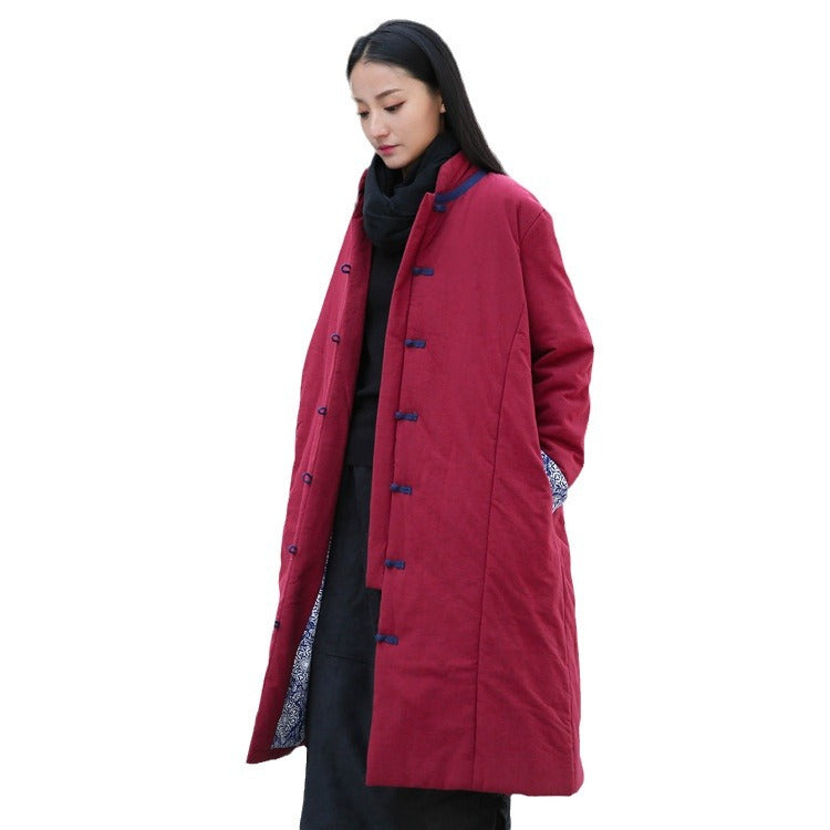 Retro Women’s Artistic Cotton And Linen Clothing Buckle Cotton-padded Jacket