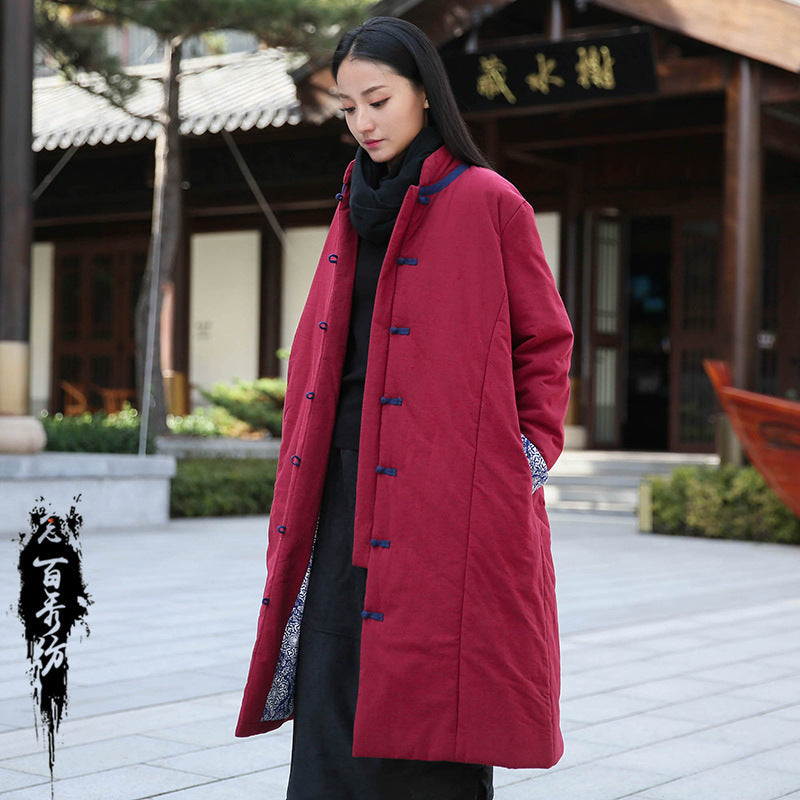 Retro Women’s Artistic Cotton And Linen Clothing Buckle Cotton-padded Jacket