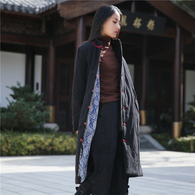 Retro Women’s Artistic Cotton And Linen Clothing Buckle Cotton-padded Jacket - Blackish / Free Size