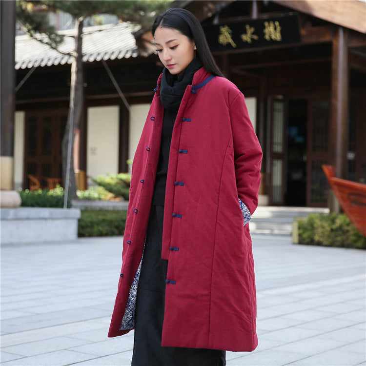 Retro Women’s Artistic Cotton And Linen Clothing Buckle Cotton-padded Jacket - Wine Red / Free Size
