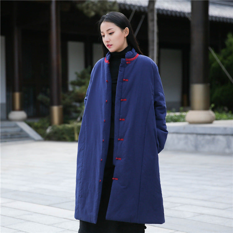 Retro Women’s Artistic Cotton And Linen Clothing Buckle Cotton-padded Jacket - Purplish Blue / Free Size