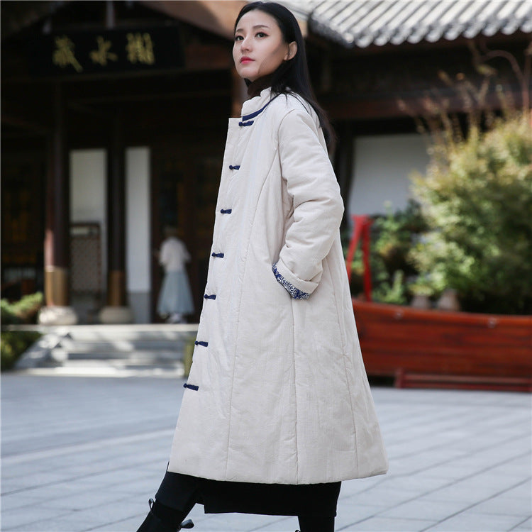 Retro Women’s Artistic Cotton And Linen Clothing Buckle Cotton-padded Jacket - Raw Hemp / Free Size