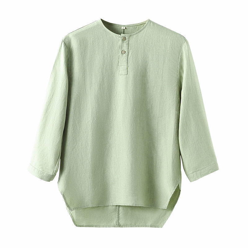 Casual Linen Men’s Simple Round Neck 34 Sleeves Linen T-shirt Loose Breathable Top