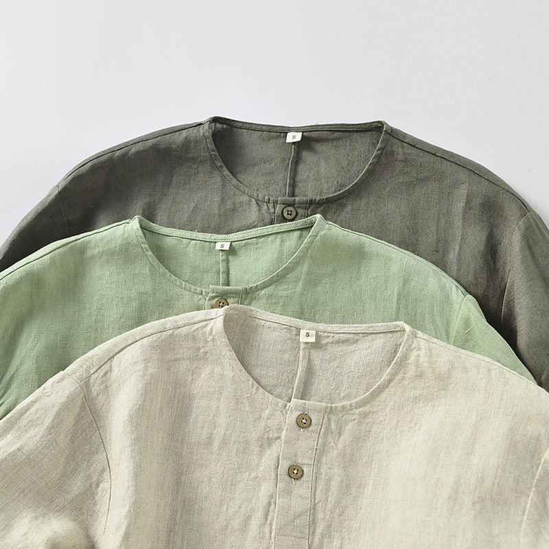 Casual Linen Men’s Simple Round Neck 34 Sleeves Linen T-shirt Loose Breathable Top