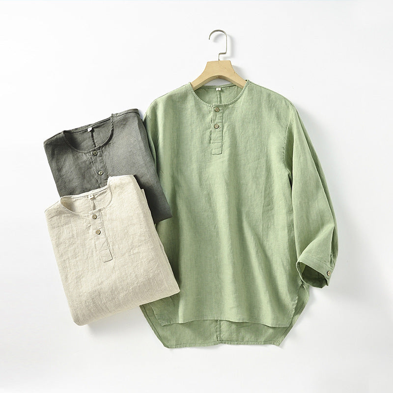 Casual Linen Men’s Simple Round Neck 34 Sleeves Linen T-shirt Loose Breathable Top