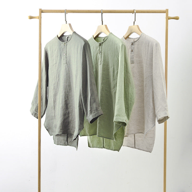 Casual Linen Men’s Simple Round Neck 34 Sleeves Linen T-shirt Loose Breathable Top