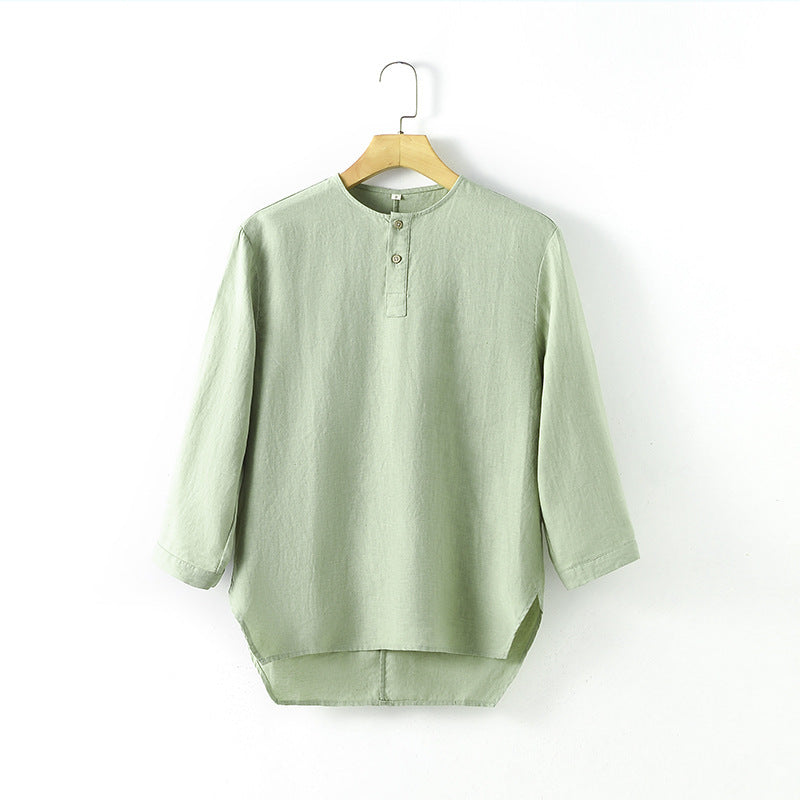 Casual Linen Men’s Simple Round Neck 34 Sleeves Linen T-shirt Loose Breathable Top - Fruit Green / S