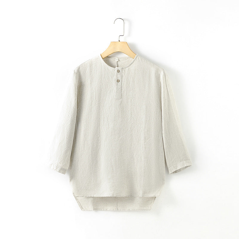 Casual Linen Men’s Simple Round Neck 34 Sleeves Linen T-shirt Loose Breathable Top - Hemp Color / S
