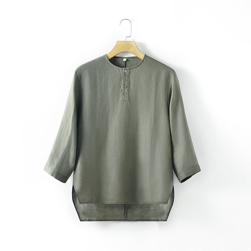 Casual Linen Men’s Simple Round Neck 34 Sleeves Linen T-shirt Loose Breathable Top - Army Green / S