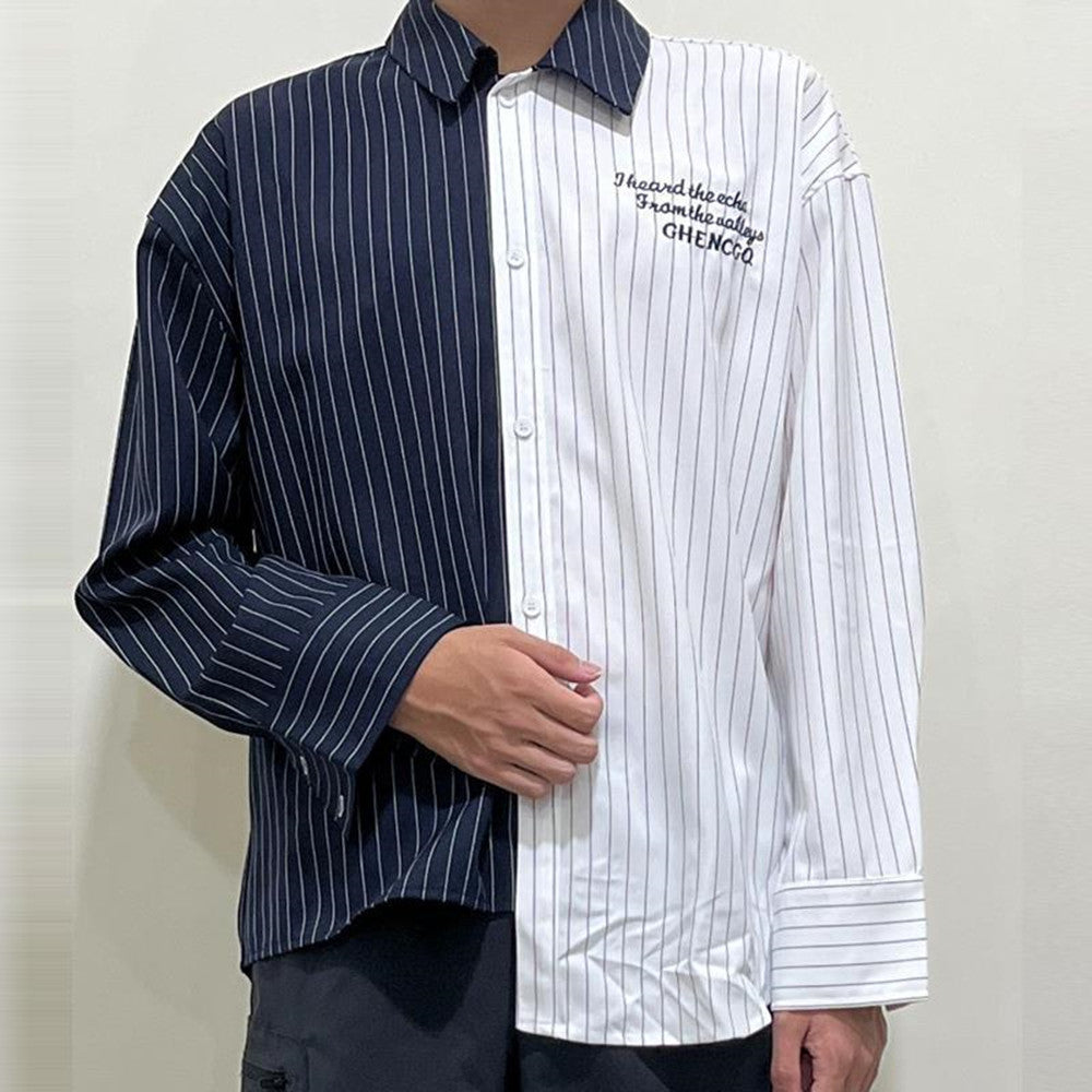 Men’s Patchwork Loose Striped Long Sleeve Shirt - Black / S