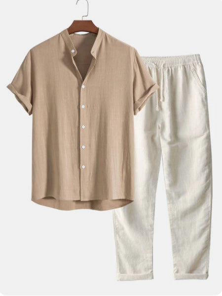 Casual Loose Multi-color Beachwear Cotton And Linen Short Sleeve Suit - Beige Suit / S