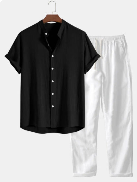 Casual Loose Multi-color Beachwear Cotton And Linen Short Sleeve Suit - Black Suit / S
