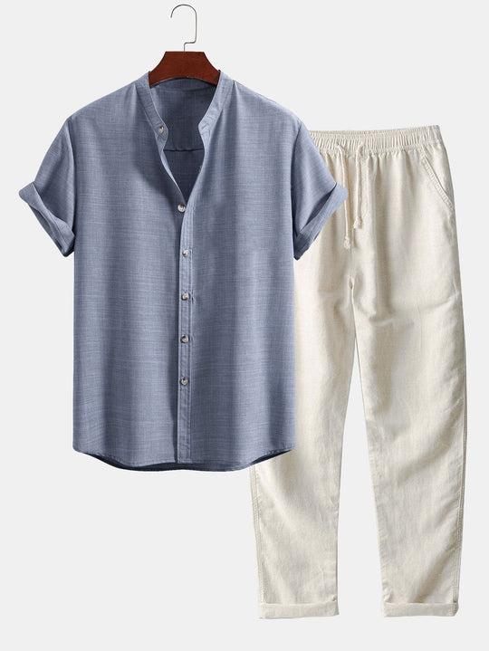 Casual Loose Multi-color Beachwear Cotton And Linen Short Sleeve Suit - Blue Beige Suit / 3XL
