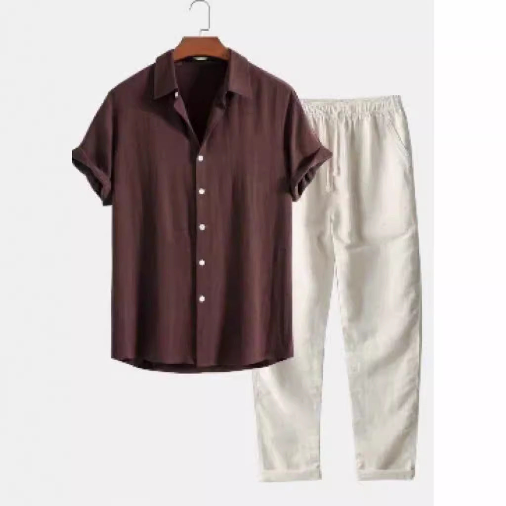 Casual Loose Multi-color Beachwear Cotton And Linen Short Sleeve Suit - Coffee Brown Suit / S