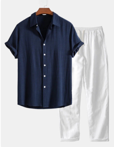 Casual Loose Multi-color Beachwear Cotton And Linen Short Sleeve Suit - Dark Blue Suit / S