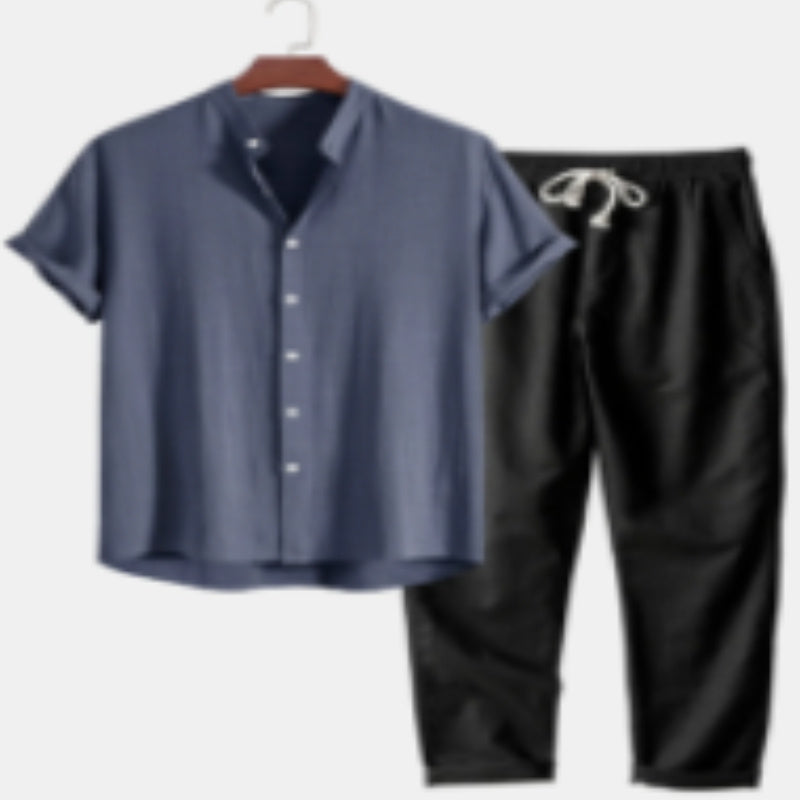 Casual Loose Multi-color Beachwear Cotton And Linen Short Sleeve Suit - Dark Blue Suit2 / L