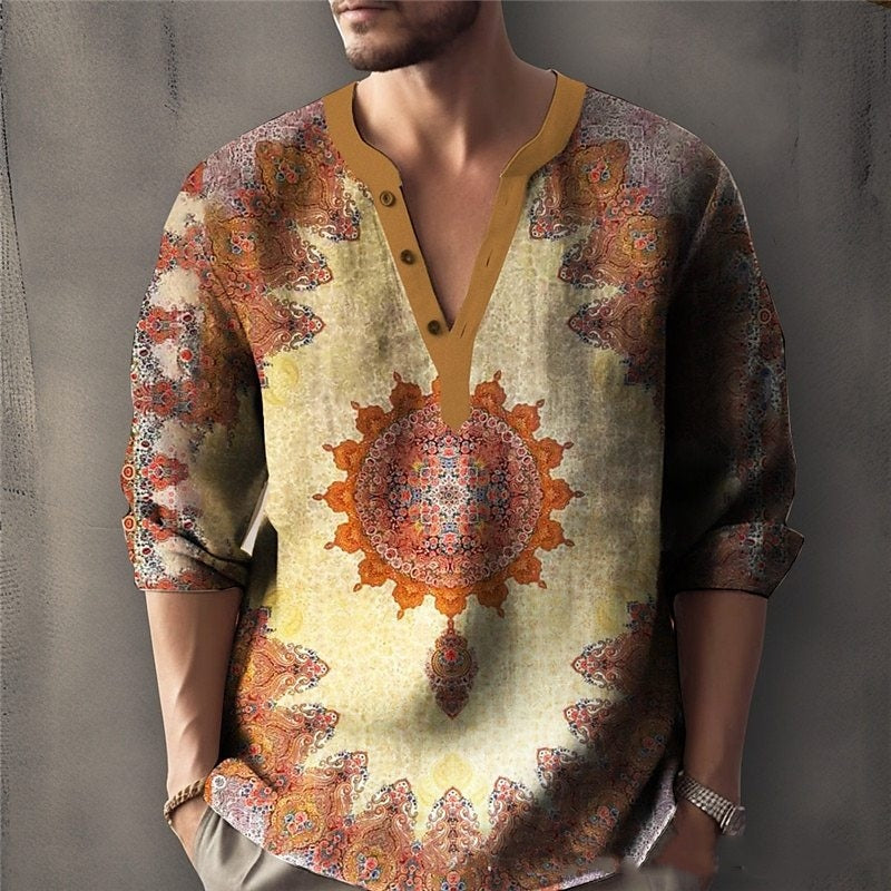 Printed Casual V-neck Men’s Loose Jacquard Sweater Long Sleeve