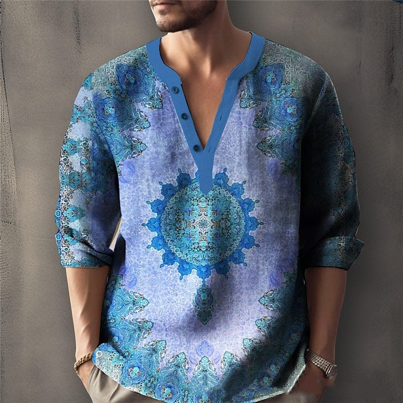 Printed Casual V-neck Men’s Loose Jacquard Sweater Long Sleeve - AUI22 / XS
