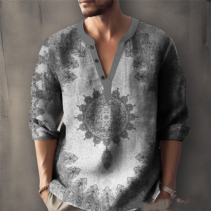 Printed Casual V-neck Men’s Loose Jacquard Sweater Long Sleeve - AUI23 / XS