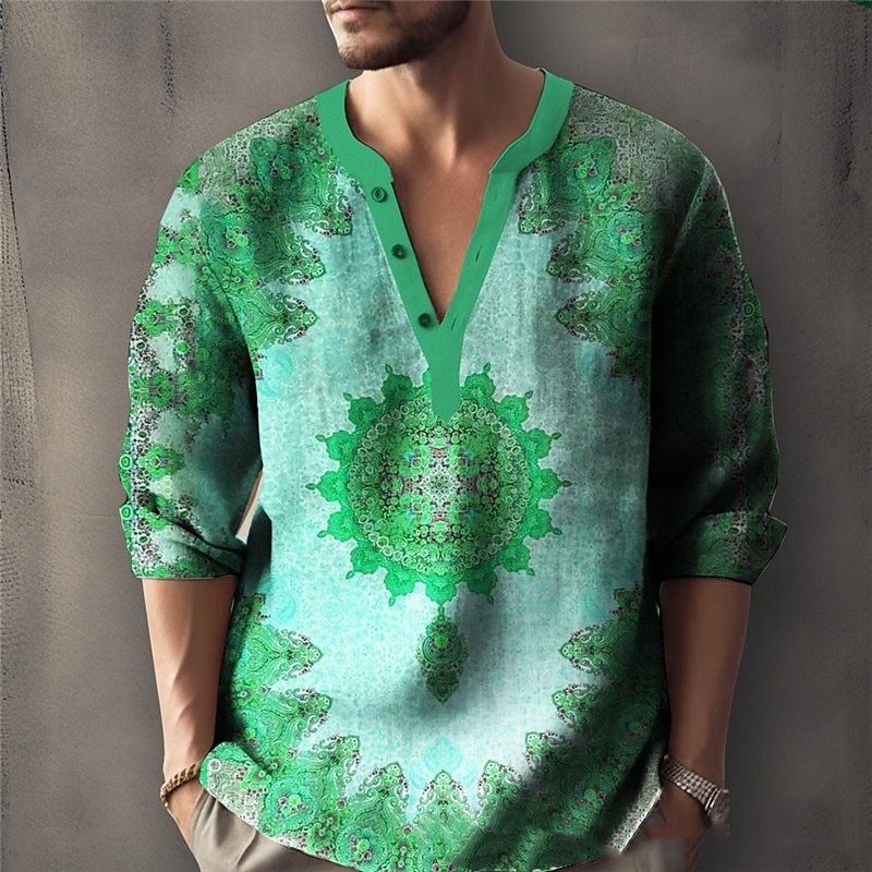 Printed Casual V-neck Men’s Loose Jacquard Sweater Long Sleeve - AUI24 / XS