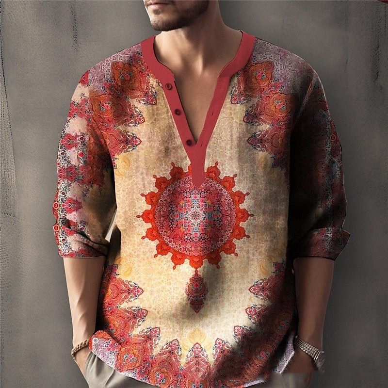 Printed Casual V-neck Men’s Loose Jacquard Sweater Long Sleeve - AUI25 / XS