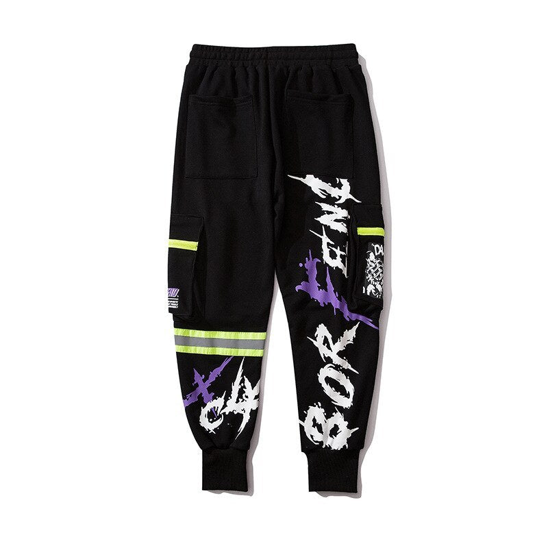 Pocket Letter Printed National Tide Harem Pants - Black / L
