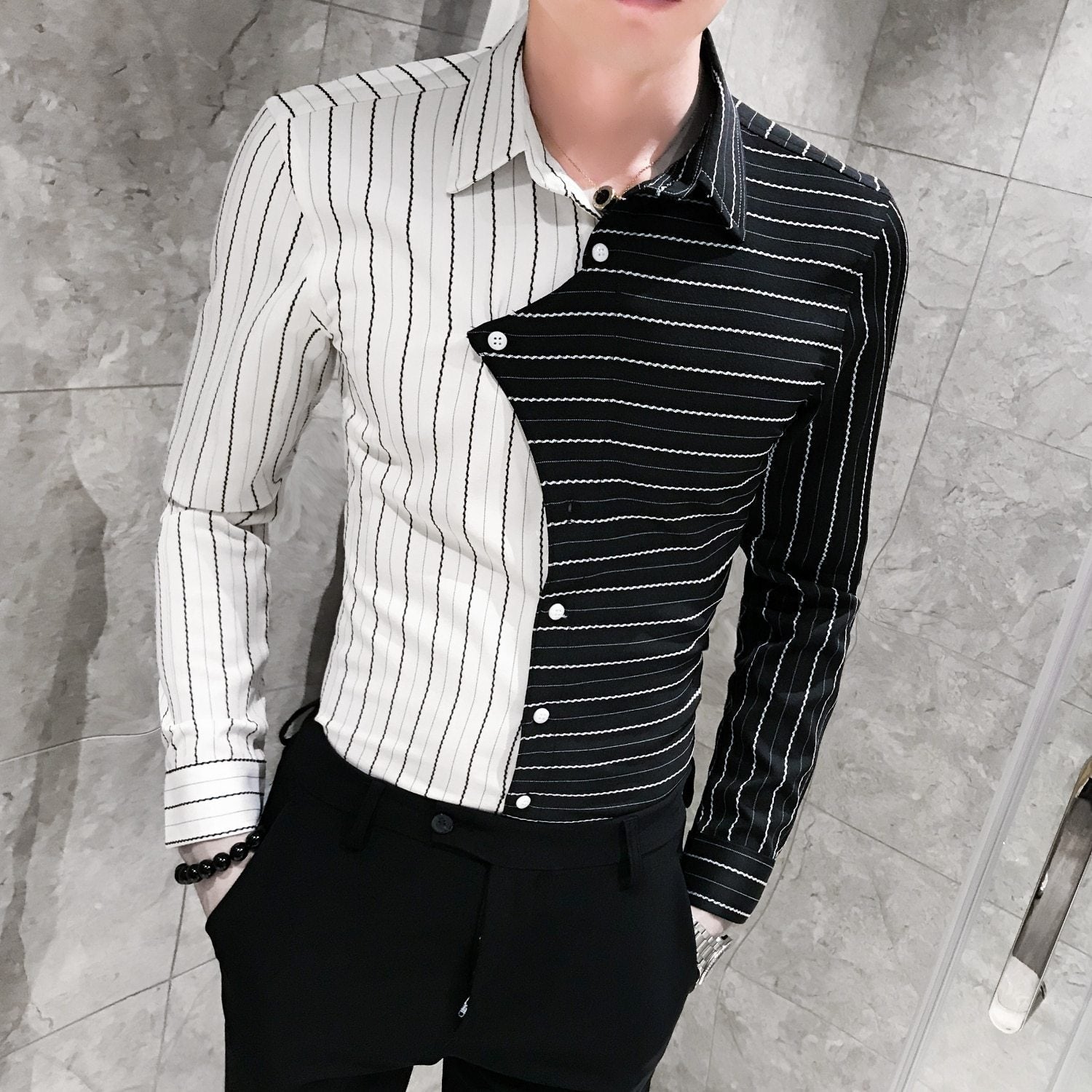 Four seasons British style contrast color stitching men shirt - M / Stitching color