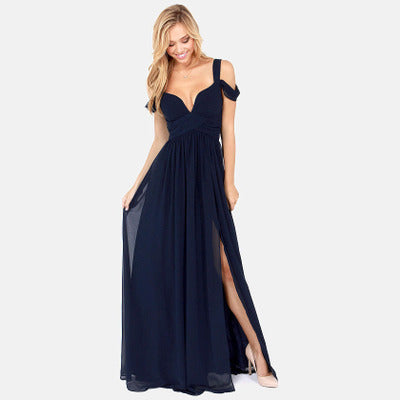 Long Floor Length Elegant Greek Style Pleated Dress - Blue / S