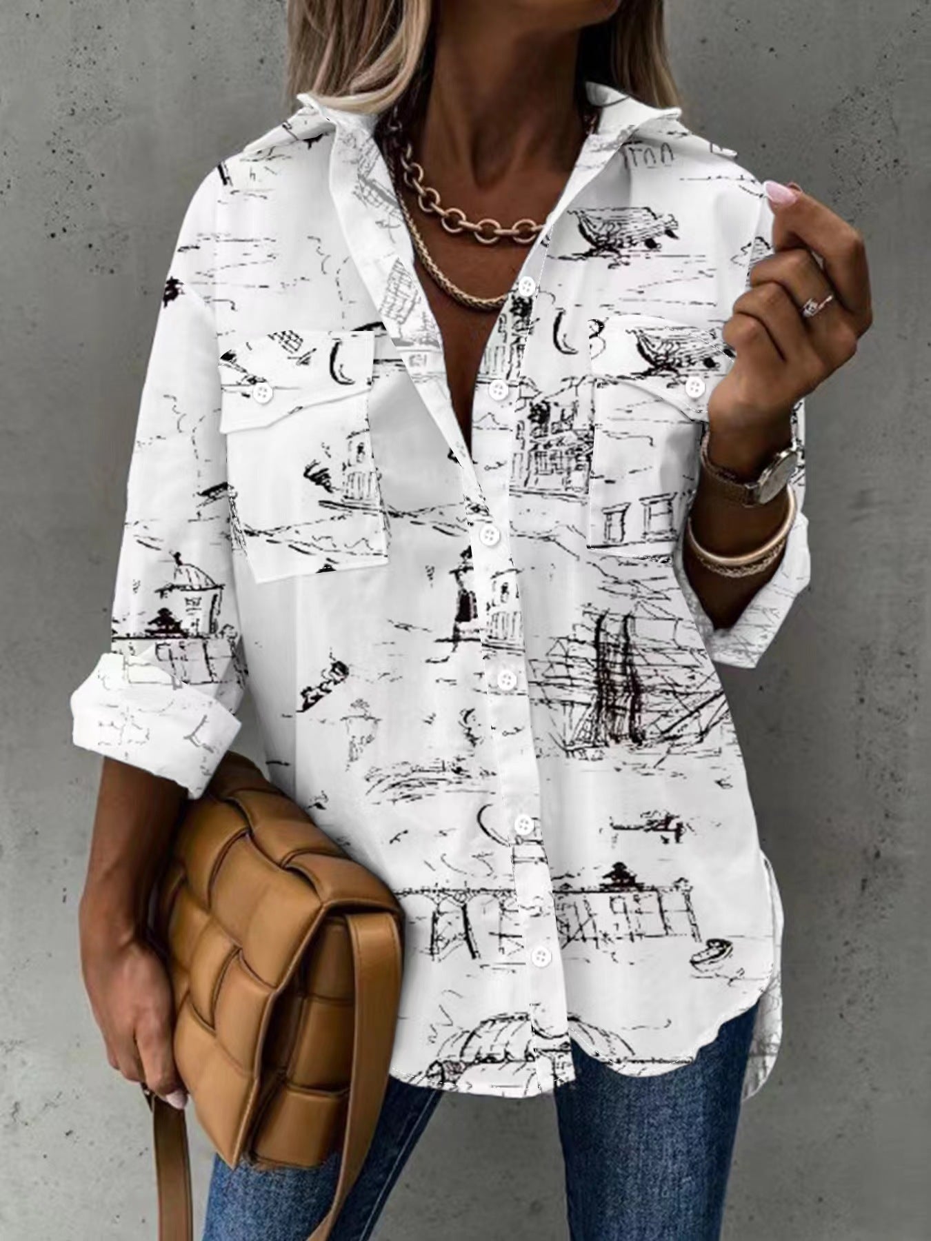 Large Size Two-piece Set Women’s Long Sleeve Casual Shirt - 5