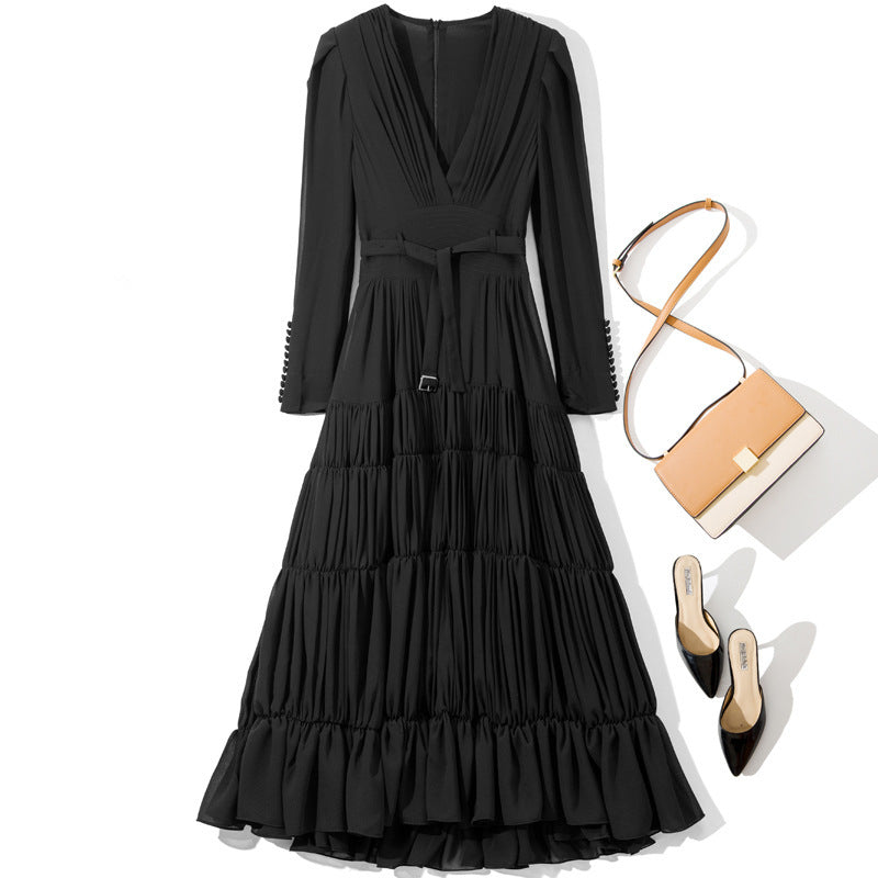 Long Sleeve Dress With Belt For Women - Black / S