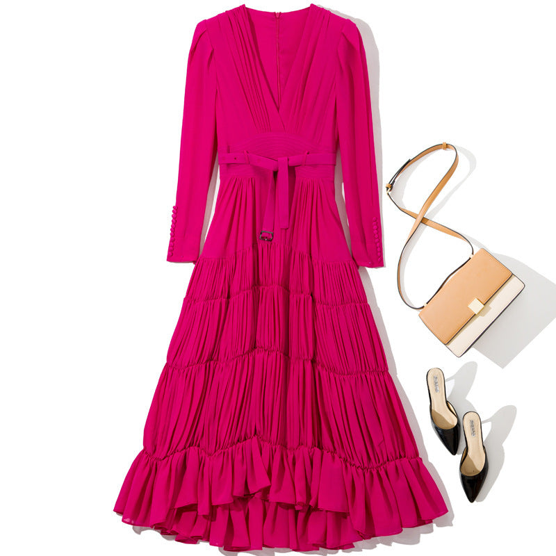 Long Sleeve Dress With Belt For Women - Rose Red / S