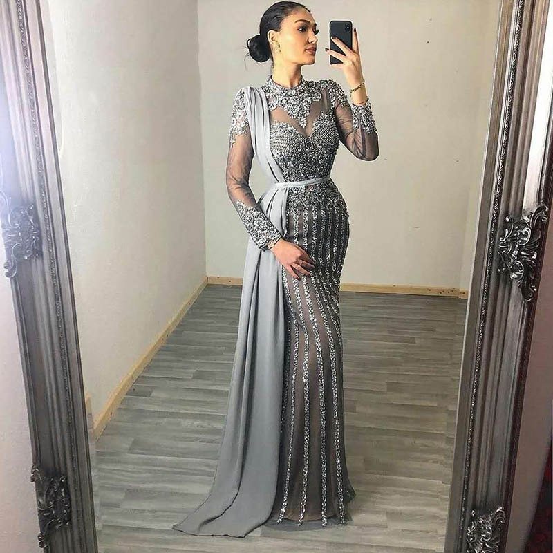 Long sleeve fishtail slim dress - Grey / L
