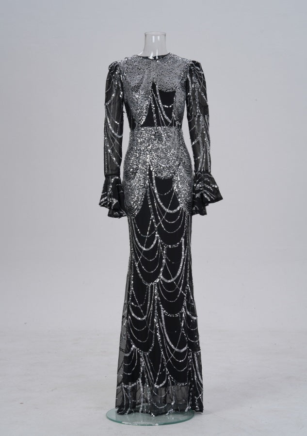 Long Sleeve Round Neck Slim-fit Sheath Sequined Banquet Fishtail Evening Dress - Black And Silver / S