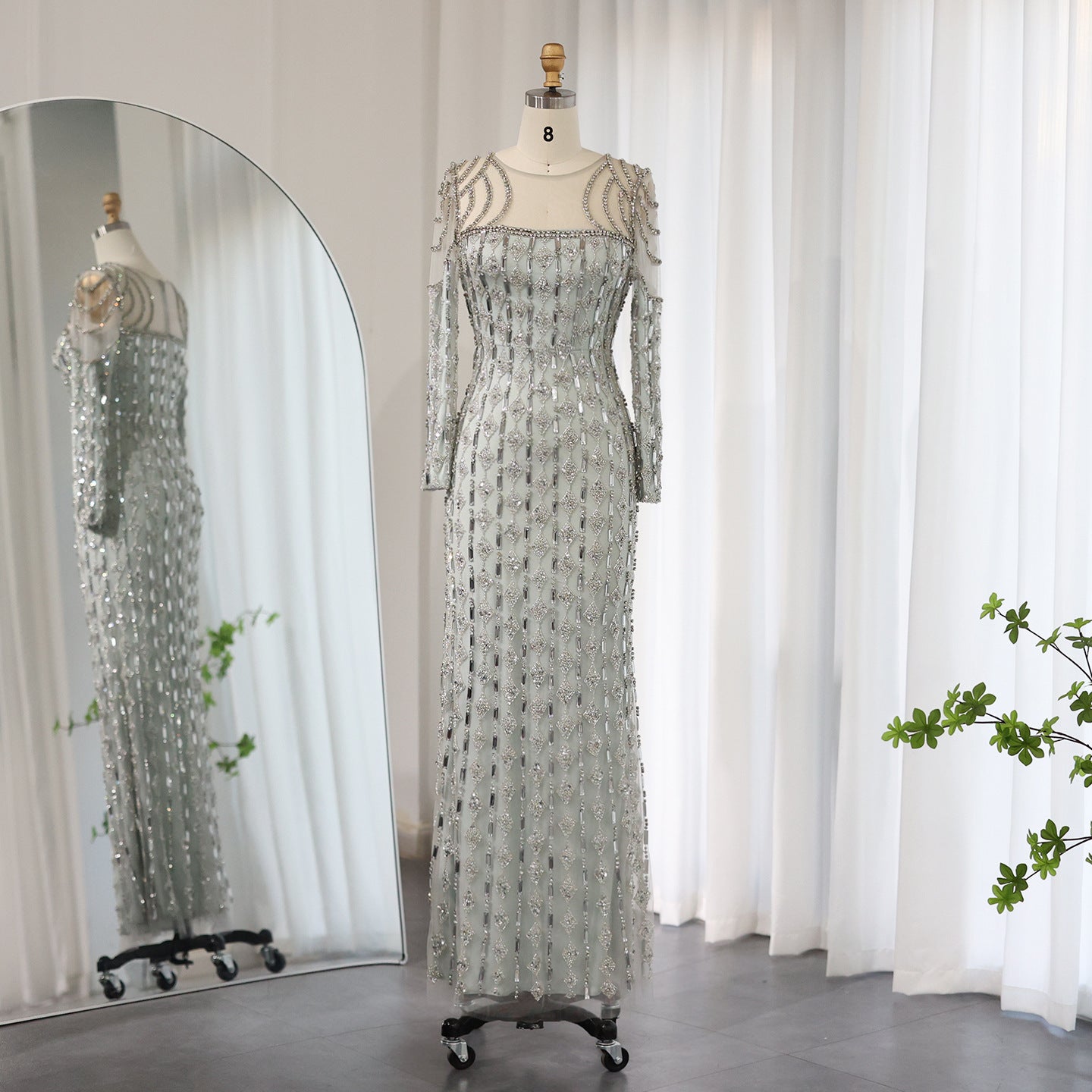 Long Sleeve Long Slim Fishtail Dress - Gray / XXS