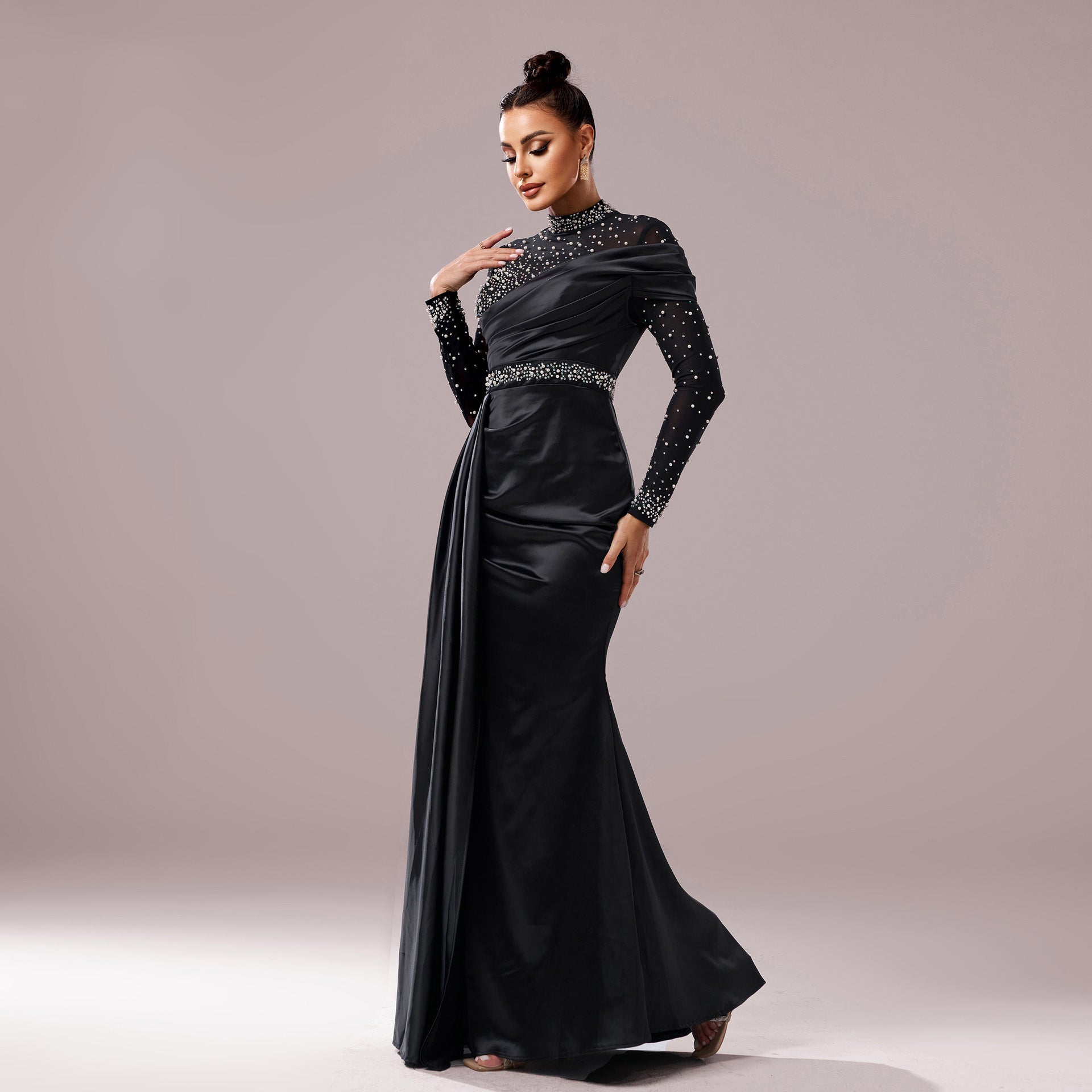 Long Sleeve Slim-fit Sheath Pearl Banquet Fishtail Evening Dress - Black / S