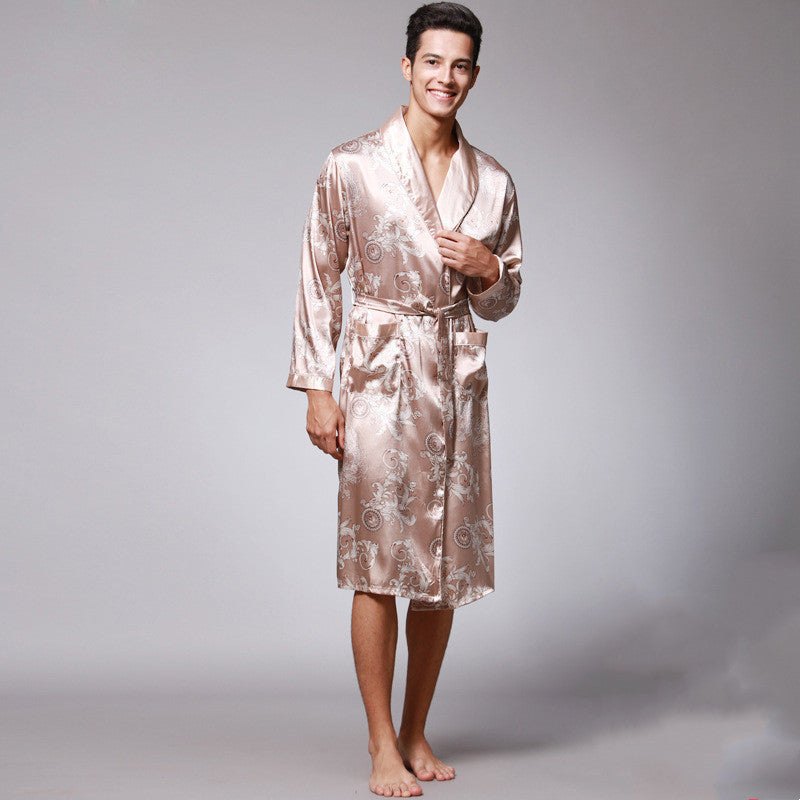 Long-Sleeved Nightgown Printed Dragon Pattern Long Bathrobe Imitation Silk Home Service - Camel / L