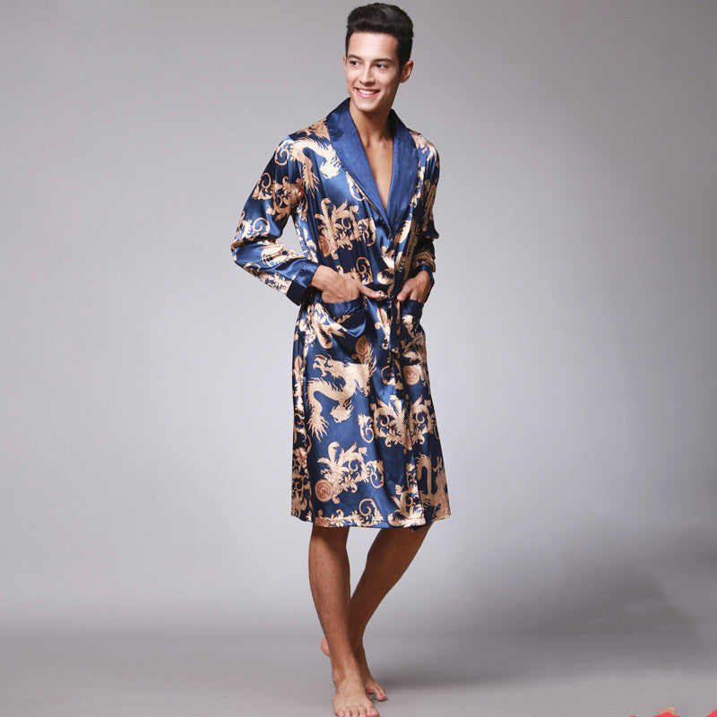 Long-Sleeved Nightgown Printed Dragon Pattern Long Bathrobe Imitation Silk Home Service - Blue / L