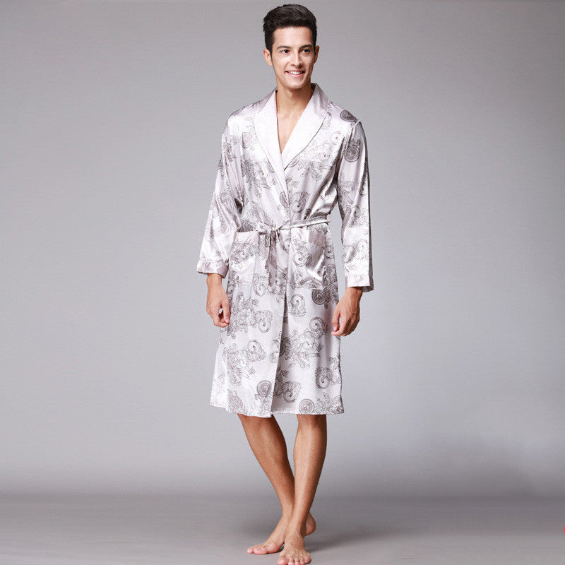 Long-Sleeved Nightgown Printed Dragon Pattern Long Bathrobe Imitation Silk Home Service - Grey / L