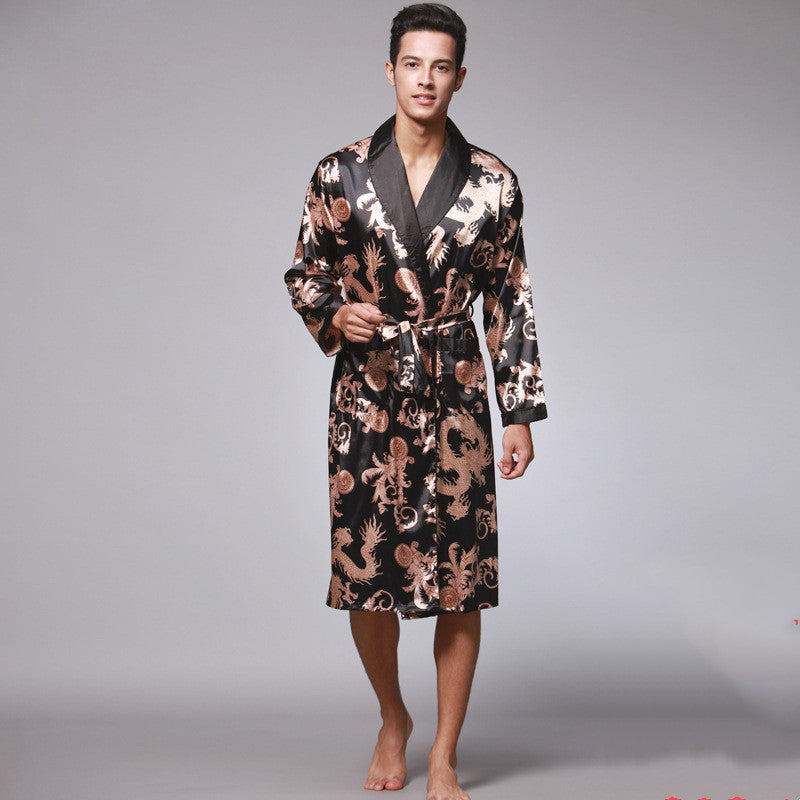 Long-Sleeved Nightgown Printed Dragon Pattern Long Bathrobe Imitation Silk Home Service