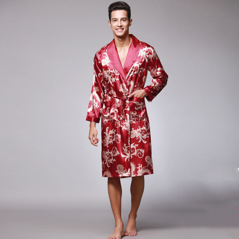 Long-Sleeved Nightgown Printed Dragon Pattern Long Bathrobe Imitation Silk Home Service - Wine Red / L