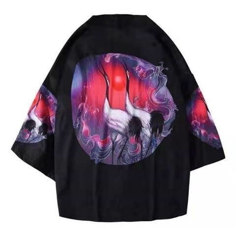 Loose Fitting Men’s And Women’s Quarter Sleeved Kimono Jacket - Double Crane Pearl / S