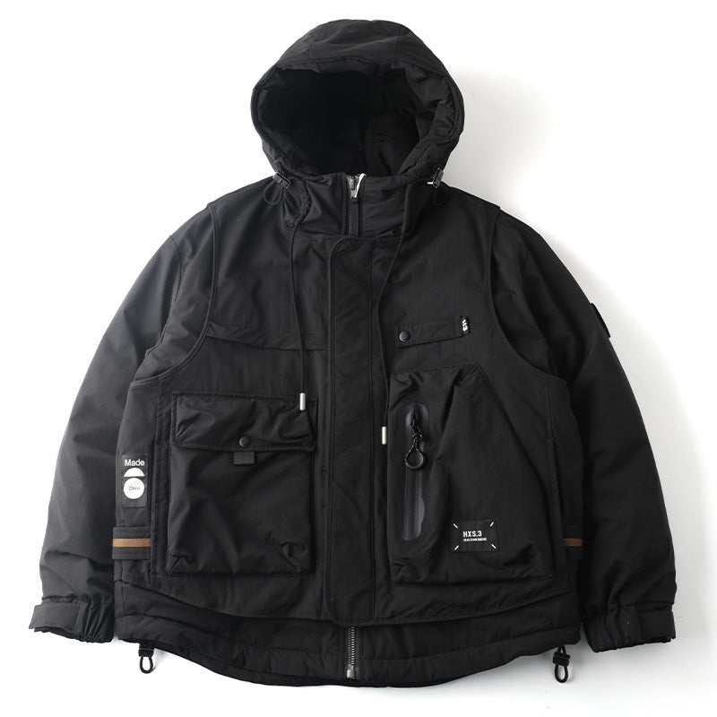 Loose Outdoor Multi-pocket Winter Workwear Hooded Down Jacket - Black / M