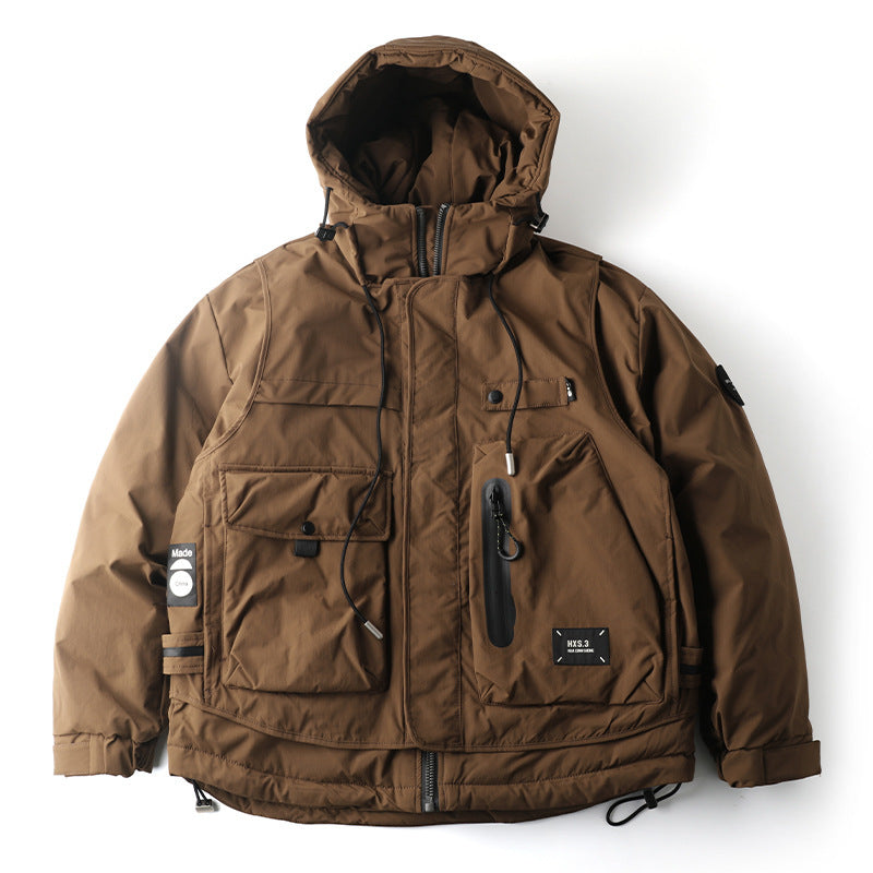 Loose Outdoor Multi-pocket Winter Workwear Hooded Down Jacket - Coffee Color / M