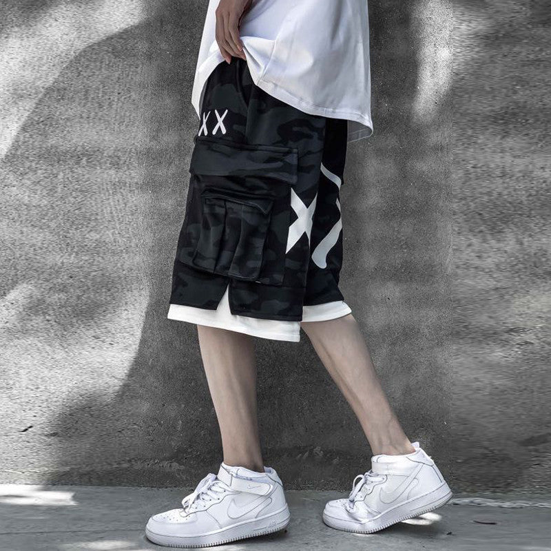 Personality Camouflage Fake Two-piece Overalls Shorts Hip-hop Sports Casual Pants