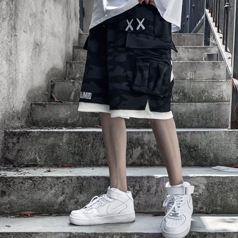 Personality Camouflage Fake Two-piece Overalls Shorts Hip-hop Sports Casual Pants