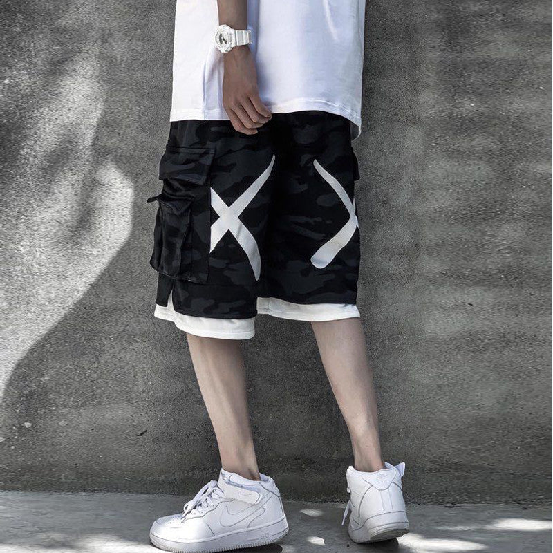 Personality Camouflage Fake Two-piece Overalls Shorts Hip-hop Sports Casual Pants