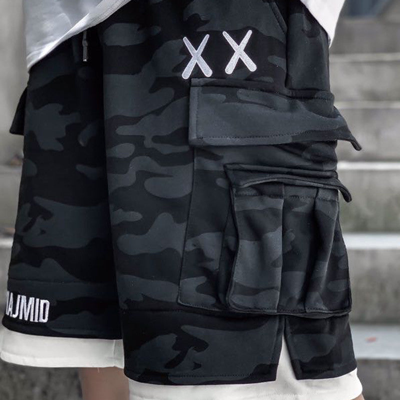 Personality Camouflage Fake Two-piece Overalls Shorts Hip-hop Sports Casual Pants - Black / M