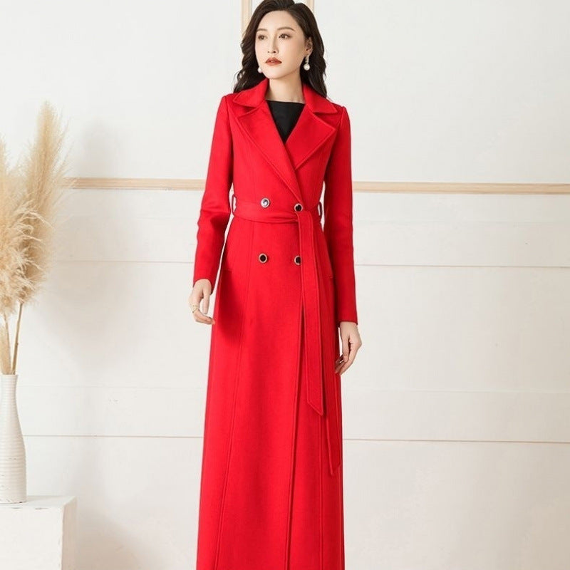 Woolen Double-breasted Elegant Cashmere Coat - Bright Red / S